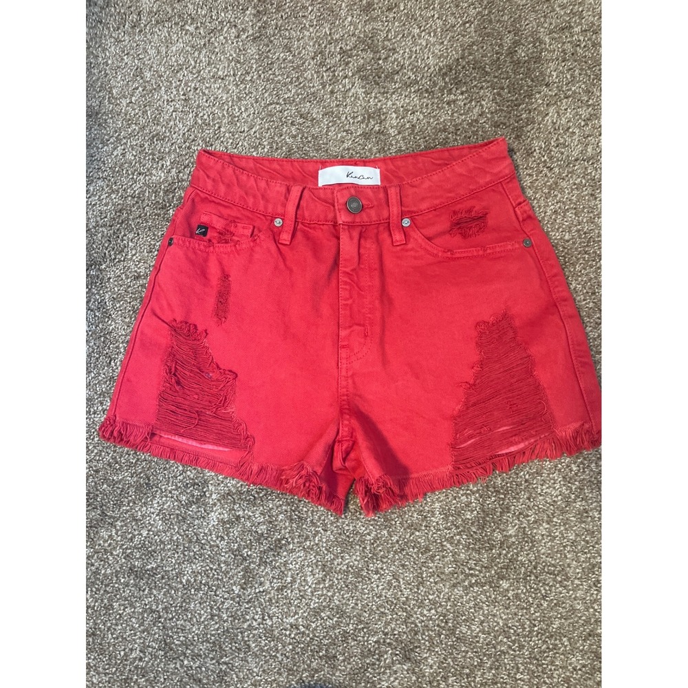KanCan Red High Rise Distressed Denim Cutoff Shorts Women's Size XS